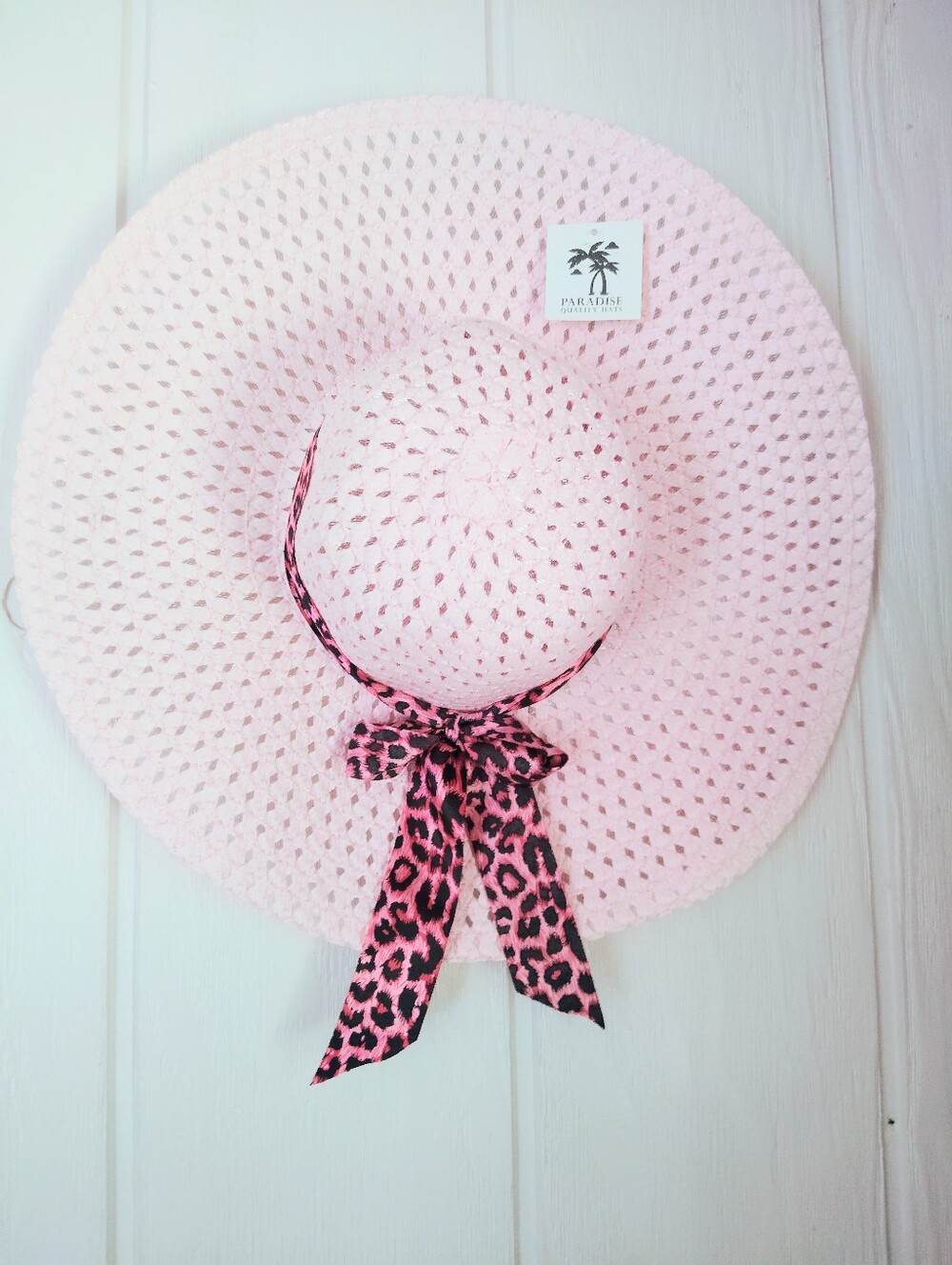 NWT!! Pink Wide-Brim Sun Hat with Leopard Bow